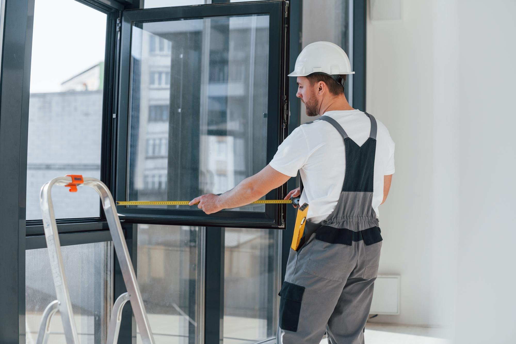 Certified technician measuring commercial window frame for precise installation